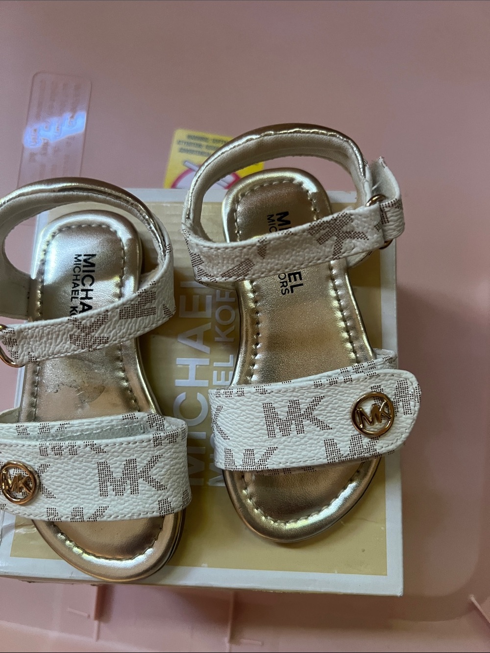 Michael Kors Cream MK Logo Toddler Sandals with Gold Accents